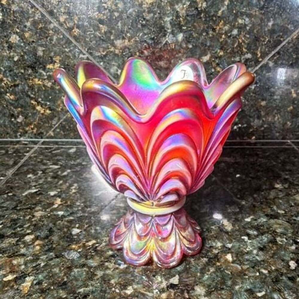 Fenton Carnival Glass Votive Candle Holder Lotus Tulip Red Iridescent